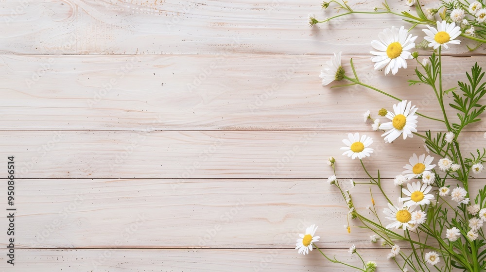 Obraz premium White daisies arranged on light wooden background with copy space for text. Minimalist floral design perfect for spring banners, wedding invitations, or social media marketing.