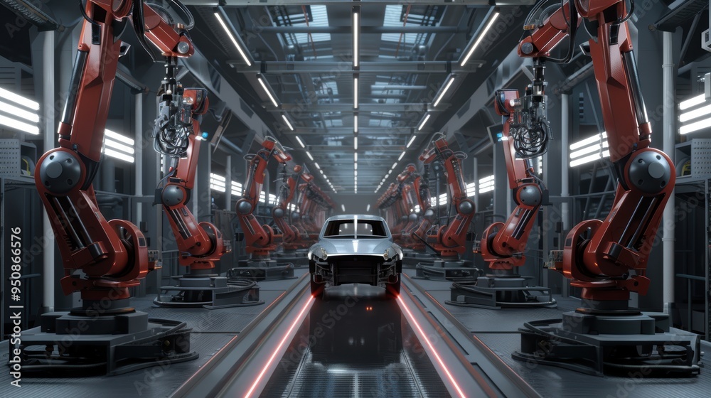 Car manufacturing factory with assembly line robots building electric vehicle