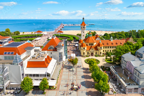 Sunny landscape of the resort town of Sopot and Molo - pier on the Baltic Sea. Poland