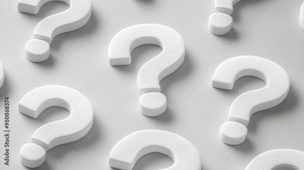 White question marks on a white background symbolize the hidden uncertainty and the need to find answers White question marks on a white background symbolize the hidden uncertainty and the need to find answers