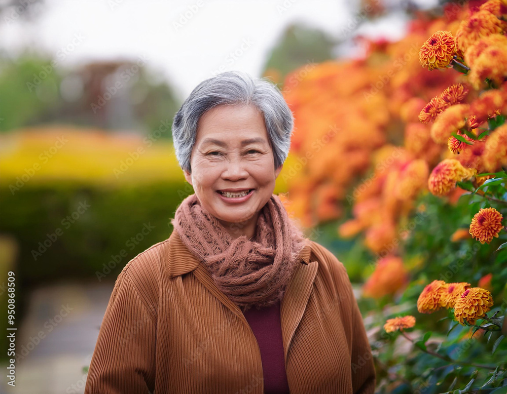 Happy Woman's Autumn Portrait: Outdoor Headshot with Smiling Expression and Copyspace
