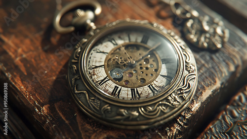 Antique Pocket Watch with Detailed Gears and Chain