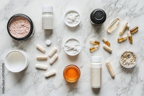 Nutritional supplements and powders arranged on a marble surface in a flat lay composition.