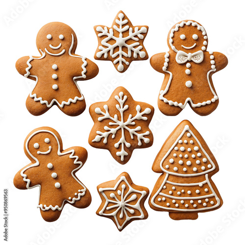 A festive collection of gingerbread cookies decorated with white icing, featuring designs like gingerbread men, snowflakes, and a Christmas tree. Transparent background