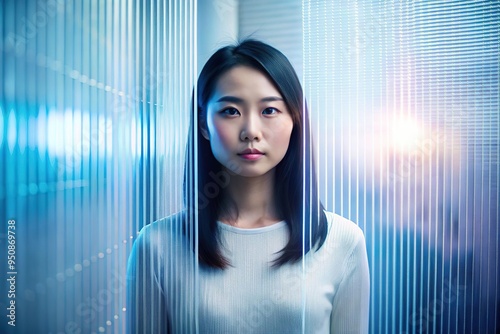 Digital woman face for AI technology concept. Glitched and corrupted female face. Beautiful girl. Model hidden behind mirror pattern. Neon Reeded Glass. Ribbed Background.