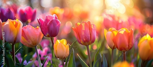 Beautiful Colorful Tulips Blooming In The Park