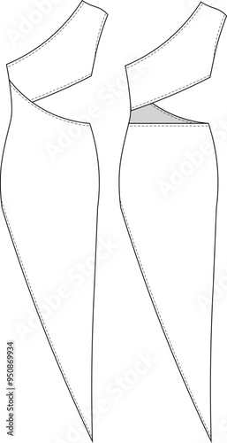 asymmetric neck hem sleeveeless one shoulder low cut cutout long maxi bodycon elastic fit dress template technical drawing flat sketch cad mockup fashion woman design style model
