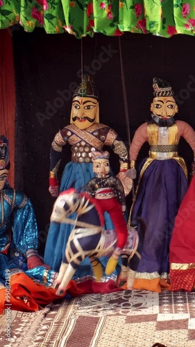 Traditional Rajasthani Kathputli (puppetry) puppets show string puppet theatre, native to Rajasthan, Udaipur, Rajasthan, India. photo