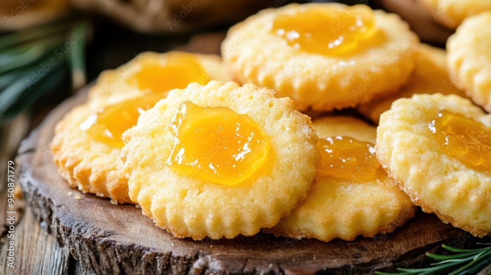 Close-up of homemade jam filled cookies on a wooden board. Close-up of homemade jam filled cookies on a wooden board.