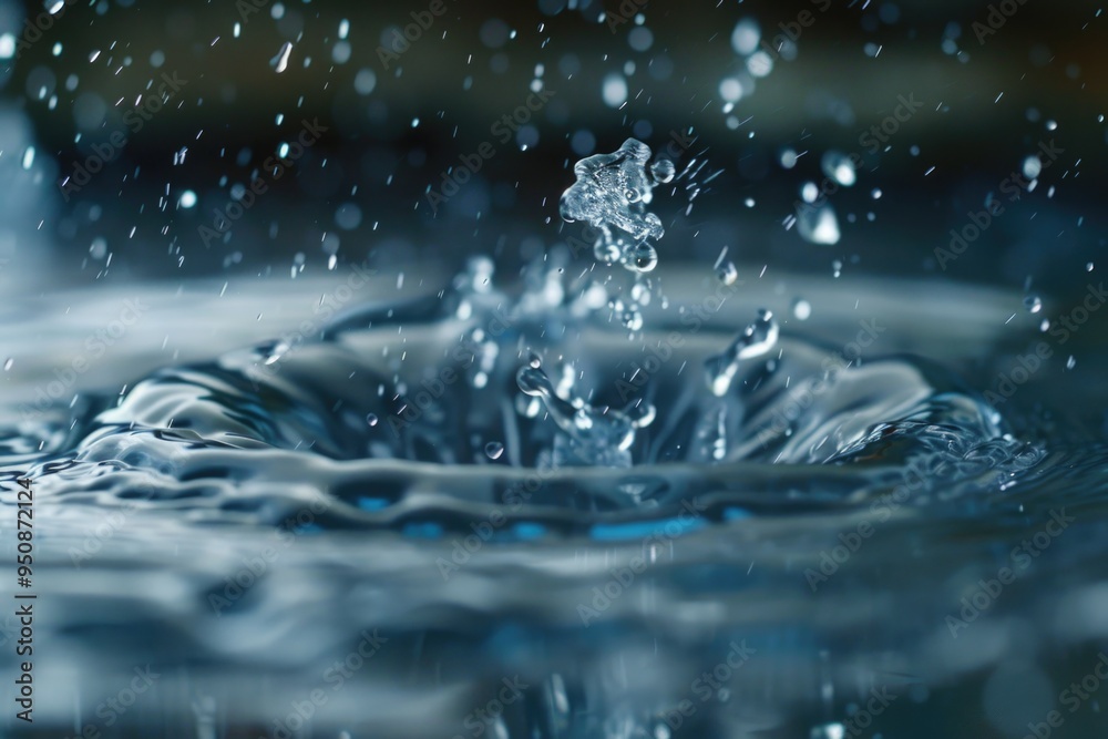 A detailed view of a single water droplet on the surface of a pool A detailed view of a single water droplet on the surface of a pool
