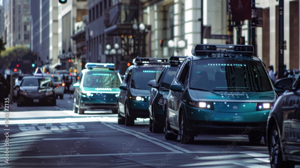 Convoy of autonomous self driving police cars patrolling the city Convoy of autonomous self driving police cars patrolling the city