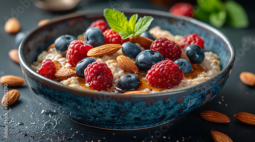 Bowl of oatmeal topped with almonds, berries, and honey, healthy brain-boosting breakfast, comforting meal