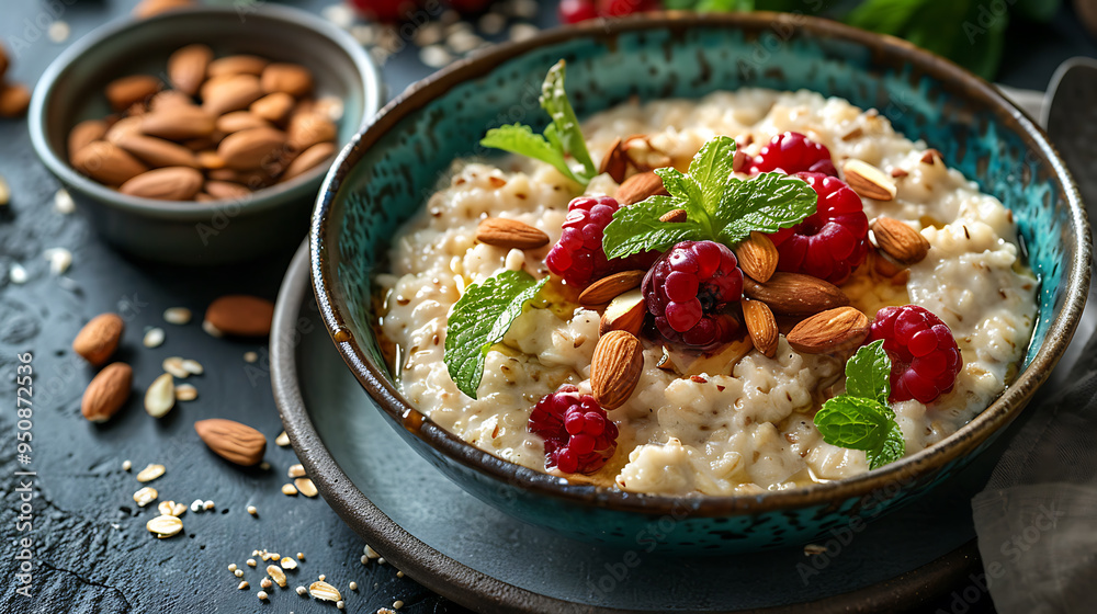 Bowl of oatmeal topped with almonds, berries, and honey, healthy brain-boosting breakfast, comforting meal Bowl of oatmeal topped with almonds, berries, and honey, healthy brain-boosting breakfast, comforting meal