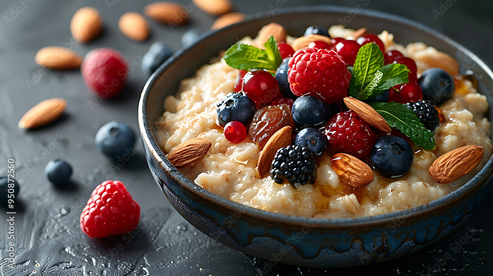 Bowl of oatmeal topped with almonds, berries, and honey, healthy brain-boosting breakfast, comforting meal