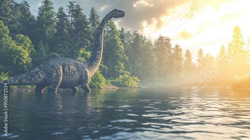 A long-necked dinosaur stands in a misty lake at sunset, surrounded by a dense forest.