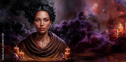 A woman with a candle in her hand is sitting in front of a burning candle