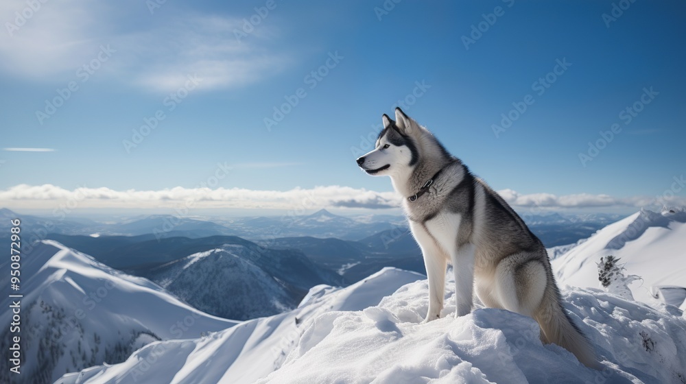 A majestic Siberian Husky standing proudly on a snowy mountain peak A majestic Siberian Husky standing proudly on a snowy mountain peak