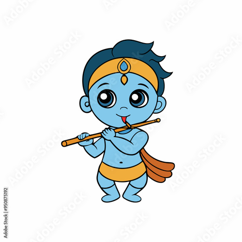 little baby Krishna playing flute. Cartoon character Hindu god Lord Krishna isolated