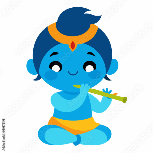 little baby Krishna playing flute. Cartoon character Hindu god Lord Krishna isolated