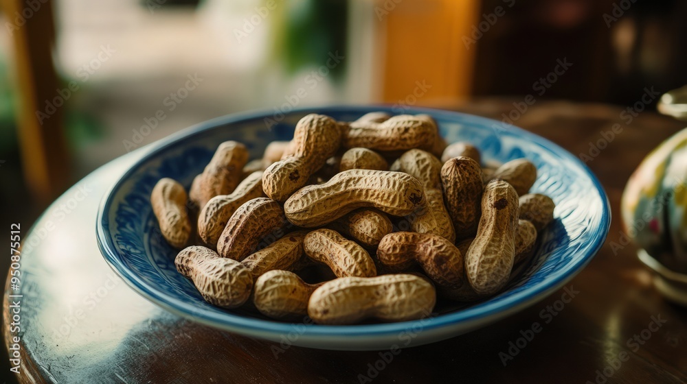 Fototapeta premium A blue and white ceramic plate with a pile of peanuts in the shells sits on a wooden table.