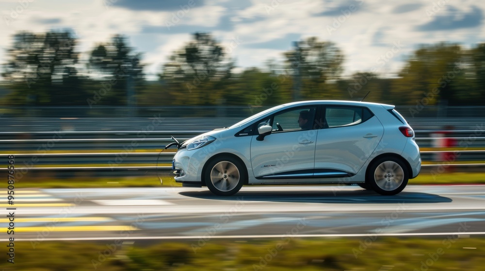 Modern electric car driving fast on a circuit track Modern electric car driving fast on a circuit track