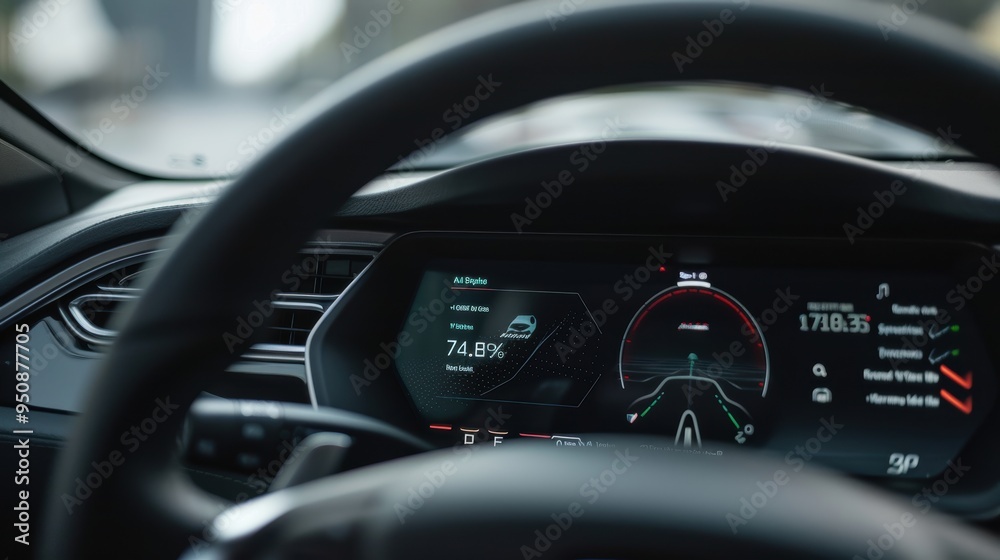 Modern electric car showing battery status on dashboard while driving Modern electric car showing battery status on dashboard while driving