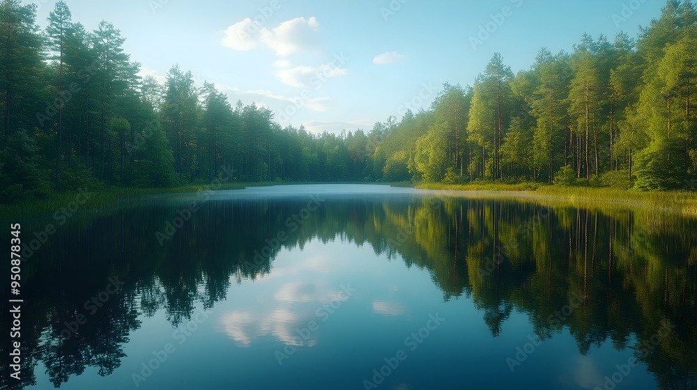 Fototapeta premium Serene forest lake with a perfect reflection of the trees on a calm, sunny day.