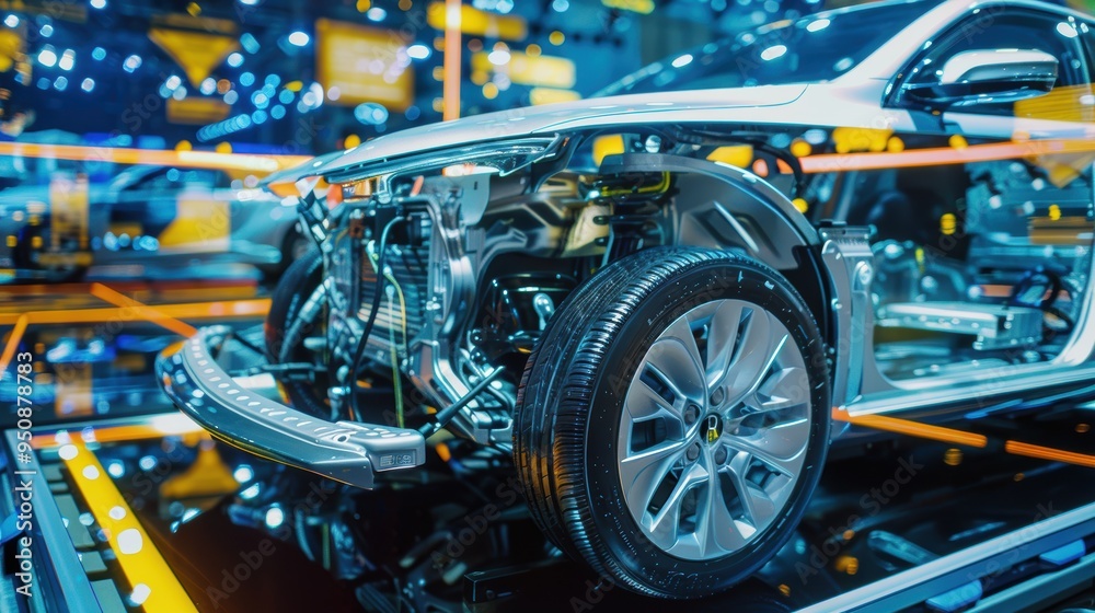 Modern electric car chassis standing on exhibition platform during technology show Modern electric car chassis standing on exhibition platform during technology show