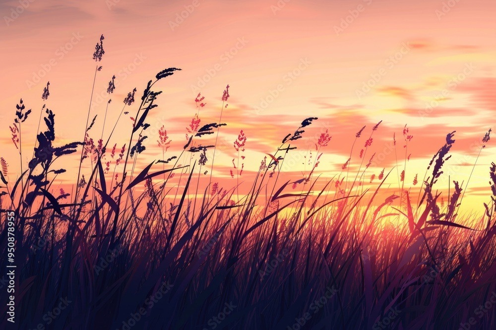 Obraz premium A serene landscape featuring a vast field of tall grass and a beautiful sunset in the background, ideal for use in scenes that require a peaceful atmosphere