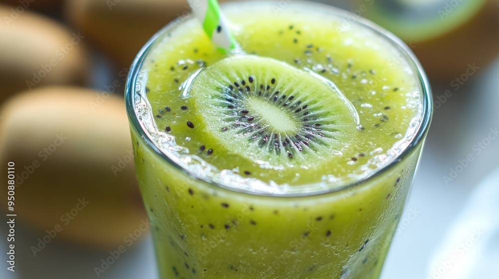 Close-up of a refreshing kiwi smoothie with a kiwi slice garnish and a green straw. Close-up of a refreshing kiwi smoothie with a kiwi slice garnish and a green straw.