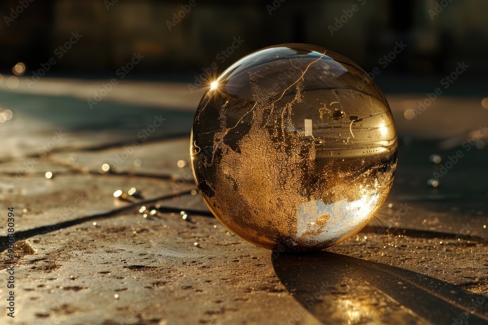 A single shiny glass ball lying on the ground, great for decorative or atmospheric scenes A single shiny glass ball lying on the ground, great for decorative or atmospheric scenes