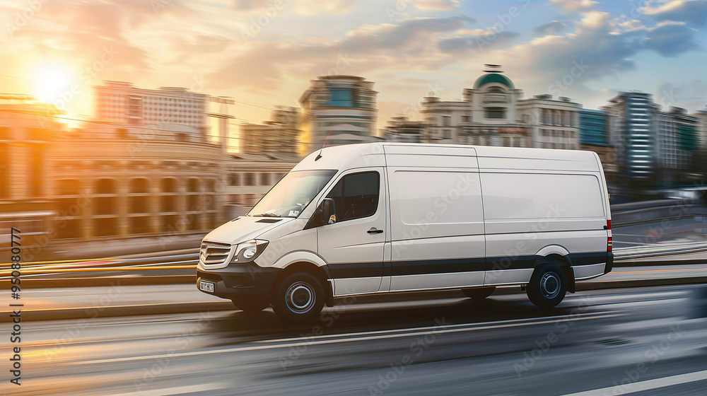 White modern delivery small shipment cargo courier van moving fast on motorway road to city White modern delivery small shipment cargo courier van moving fast on motorway road to city