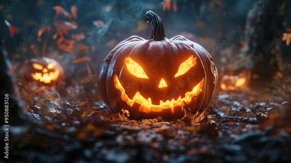 Fototapeta premium A close-up of a glowing jack-o-lantern with a menacing grin, surrounded by other pumpkins in a foggy forest.