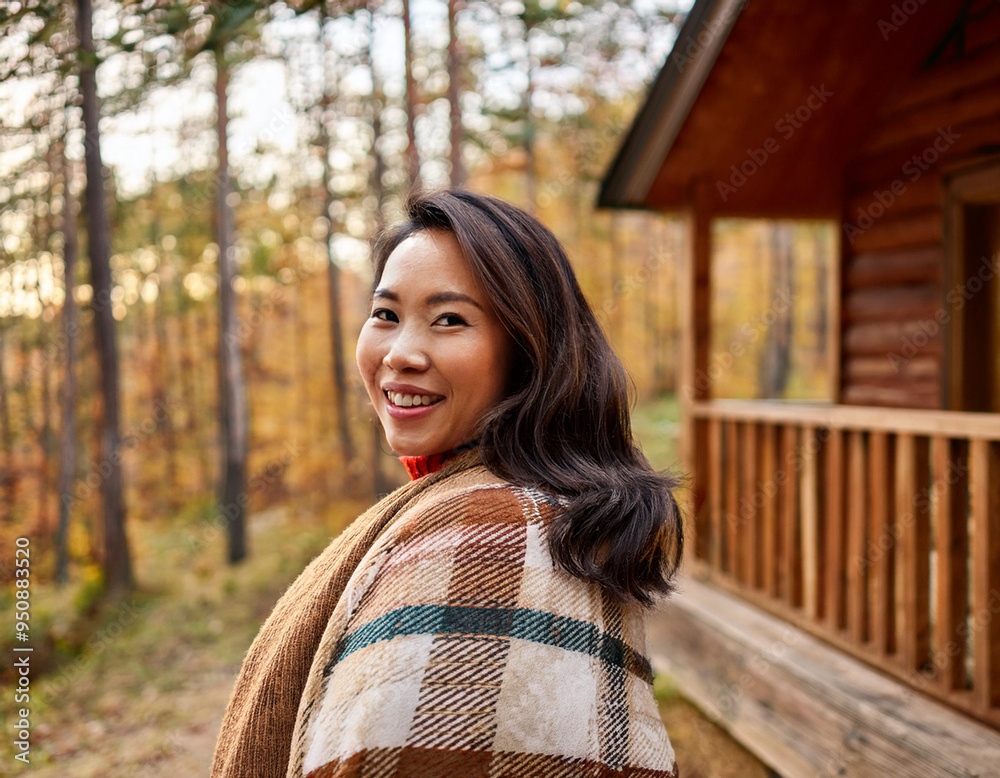 Happy Woman's Autumn Portrait: Outdoor Headshot with Smiling Expression and Copyspace Happy Woman's Autumn Portrait: Outdoor Headshot with Smiling Expression and Copyspace