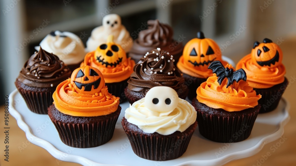 A platter of Halloween cupcakes decorated with orange and white frosting and festive Halloween themed toppings like ghosts, bats, and pumpkins. A platter of Halloween cupcakes decorated with orange and white frosting and festive Halloween themed toppings like ghosts, bats, and pumpkins.