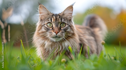 Majestic Maine Coon cat surrounded by green grass outside picture