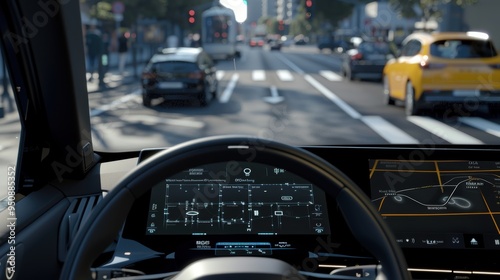 Modern car showing head-up display with augmented reality navigation system in city traffic