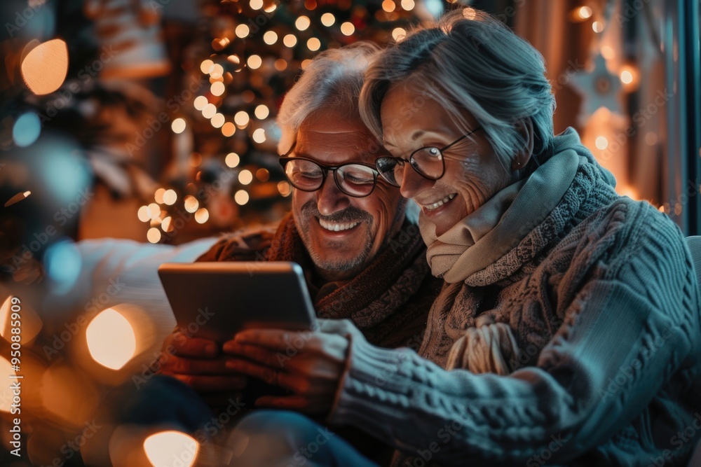Fototapeta premium A pair of people sitting on a couch, gazing at a tablet together