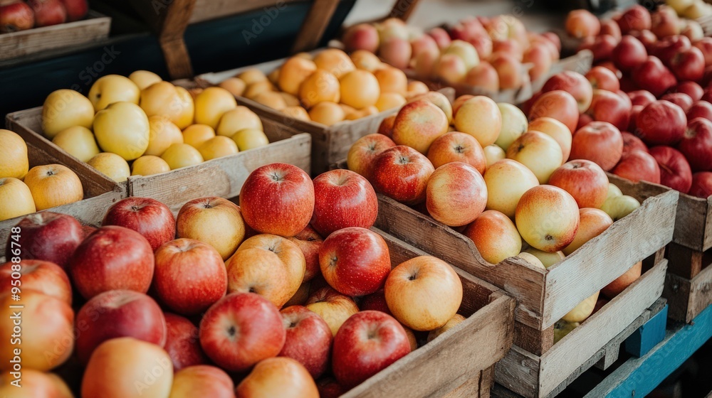 A variety of red and yellow apples are displayed in wooden crates at a farmers market. A variety of red and yellow apples are displayed in wooden crates at a farmers market.