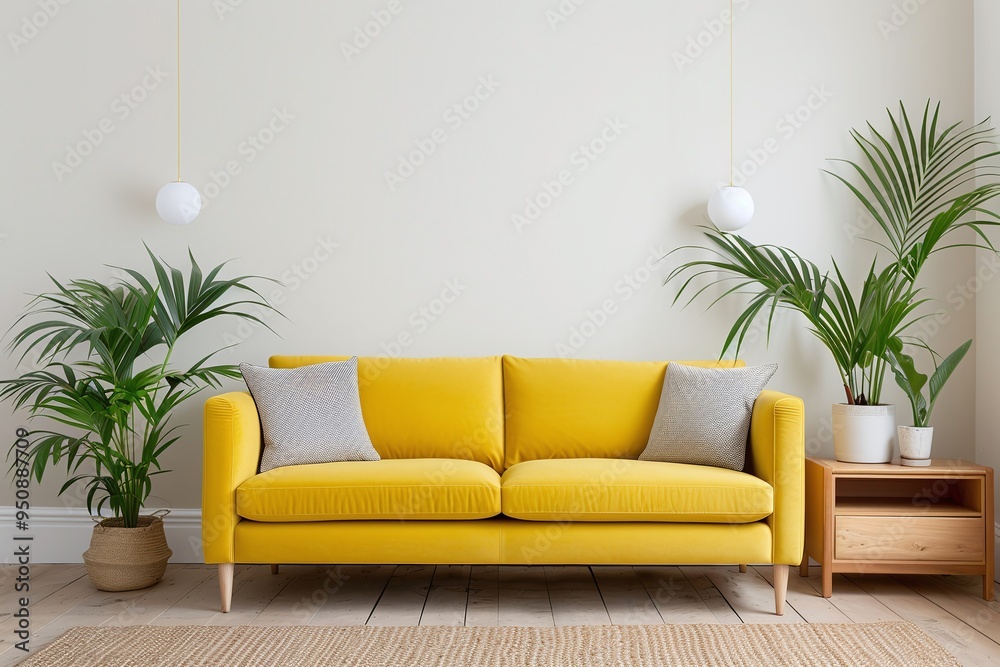 Modern living room with yellow sofa, indoor plants, and wooden furniture, ideal for banners, backgrounds, and marketing materials with bright colors and contemporary design. Modern living room with yellow sofa, indoor plants, and wooden furniture, ideal for banners, backgrounds, and marketing materials with bright colors and contemporary design.