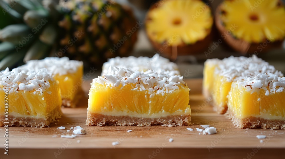Close-up of freshly baked pineapple bars with shredded coconut on top. Close-up of freshly baked pineapple bars with shredded coconut on top.