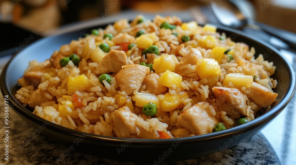 Close-up of a plate of chicken fried rice with pineapple, peas, and carrots. Close-up of a plate of chicken fried rice with pineapple, peas, and carrots.