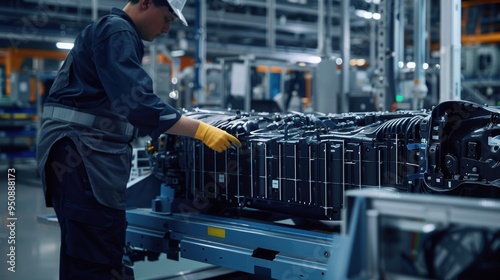 Automotive engineer assembling electric car battery in modern factory photo