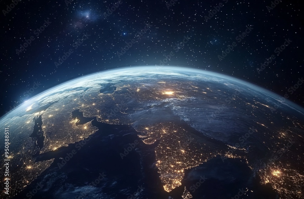 Obraz premium Realistic Image of Earth from Space with City Lights Illuminating Urban Areas, Symbolizing Hope, Unity, and the Future of an Advanced Civilization Against the Backdrop of a Starry Night Sky
