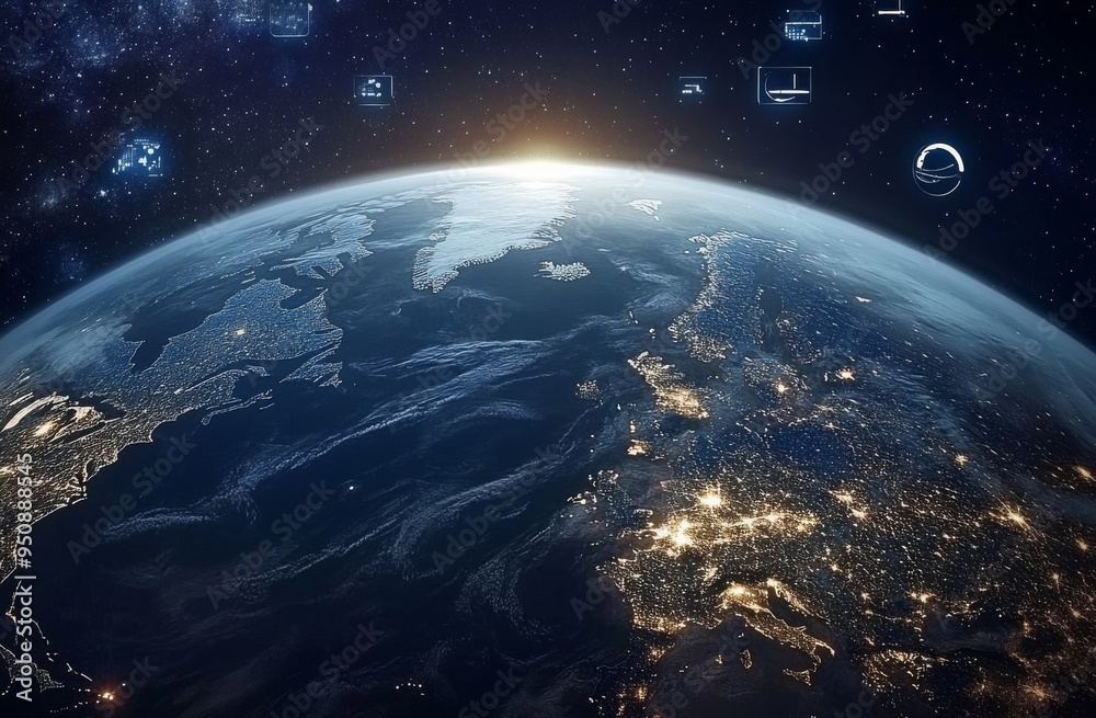 Obraz premium Realistic Image of Earth from Space with City Lights Illuminating Urban Areas, Symbolizing Hope, Unity, and the Future of an Advanced Civilization Against the Backdrop of a Starry Night Sky