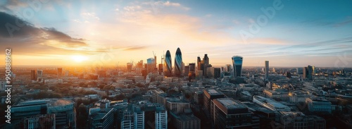 Panoramic View of London Skyline at Golden Hour with Modern Skyscrapers and High-Rise Buildings, Capturing the Cinematic Urban Landscape of the City Center