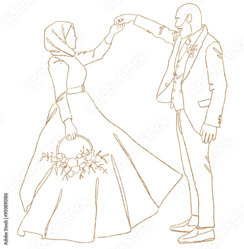 Muslim wedding couple vector outline golden color. Continuous line illustration of the Bride with hijab in wedding dress and bald groom in suit. Design for wedding invitations, greeting cards