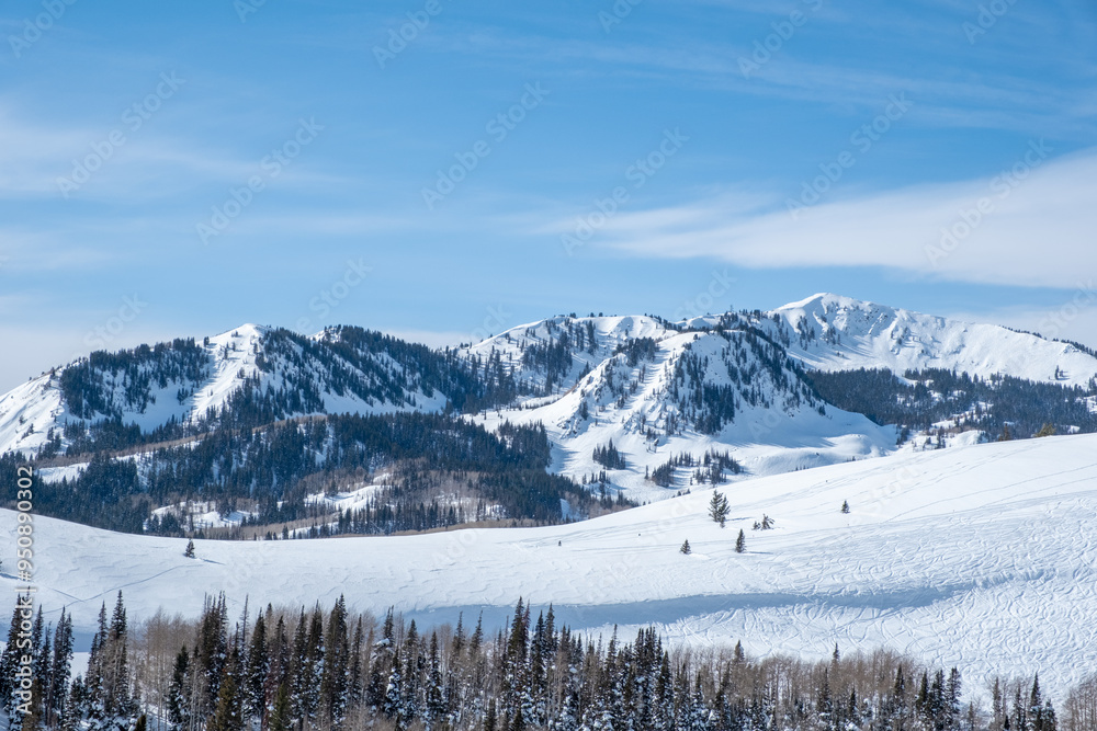 Wasatch Mountains of Utah, Pinecone Ridge from Deer Valley, snow covered mountains, On a ski run Wasatch Mountains of Utah, Pinecone Ridge from Deer Valley, snow covered mountains, On a ski run