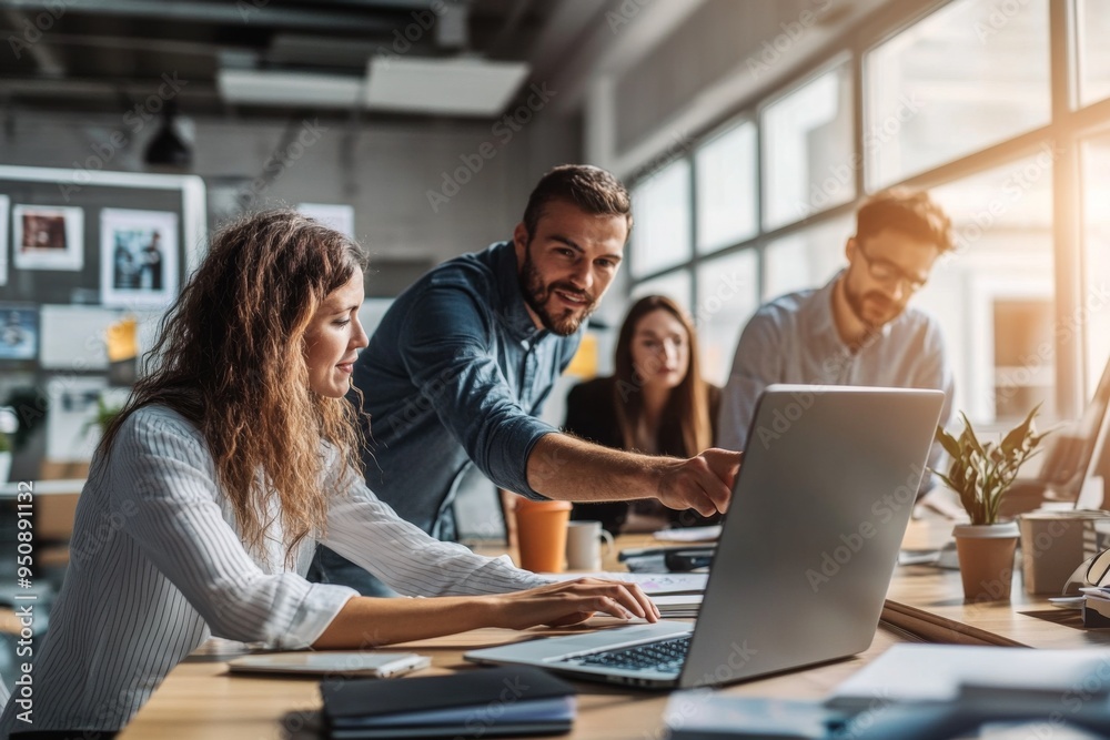 Group of Diverse Professionals Collaborating in Open-Plan Office, One Person Pointing at Laptop Screen, Teamwork and Business Environment Group of Diverse Professionals Collaborating in Open-Plan Office, One Person Pointing at Laptop Screen, Teamwork and Business Environment