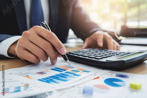 Businessman Using Calculator for Financial and Corporate Business Management Analysis, Close-Up on Desk with Papers in Office Setting